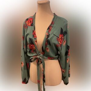 Express Aqua Floral V-Neck Blouse Kimono Size Small